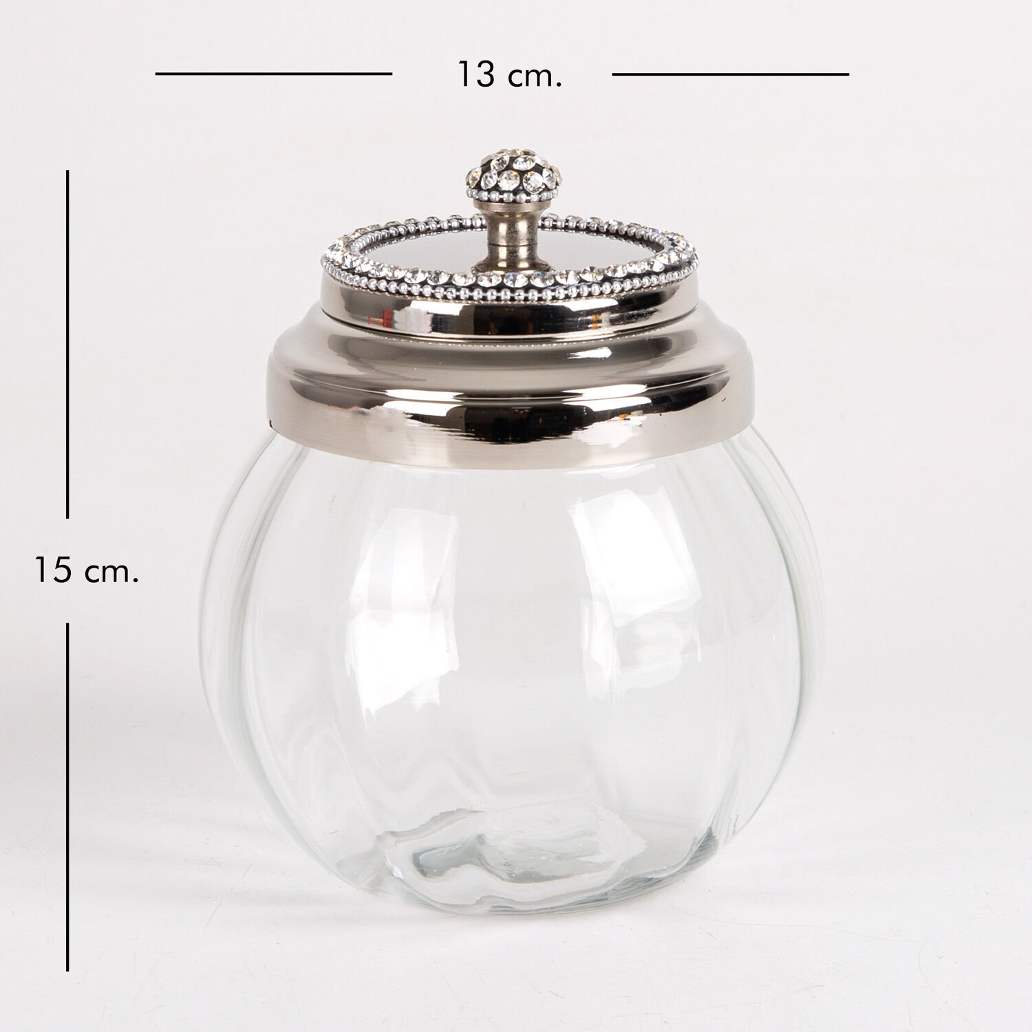 Cam Kavanoz, Kapaklı, Nikel Kaplama, Taşlı, Gümüş Renk - 13x15 cm