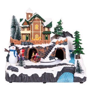 Yılbaşı Süsü Dekor Hareketli Müzikli Işıklı Noel Baba Kızak Dağ Evi Figürlü Kahverengi-Beyaz 20x20 Cm.
