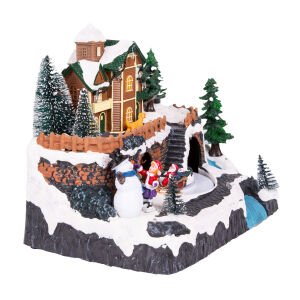 Yılbaşı Süsü Dekor Hareketli Müzikli Işıklı Noel Baba Kızak Dağ Evi Figürlü Kahverengi-Beyaz 20x20 Cm.