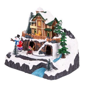 Yılbaşı Süsü Dekor Hareketli Müzikli Işıklı Noel Baba Kızak Dağ Evi Figürlü Kahverengi-Beyaz 20x20 Cm.
