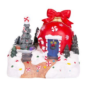 Yılbaşı Süsü Dekor Kırmızı Köy Evi Figürlü Hareketli Müzikli Işıklı Kırmızı-Beyaz 17x18 Cm.