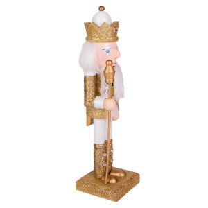 Yılbaşı Süsü Kurşun Asker Fındıkkıran Taçlı Elmas Taş Detaylı Simli Gold-Beyaz 25 Cm.