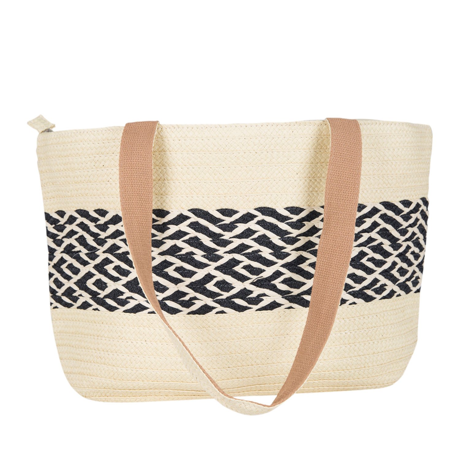 Plaj Çantası, Hasır Örme Desenli, Krem Renk - Omuz Askılı Siyah, Kumaş İçli, 48 x 29 cm