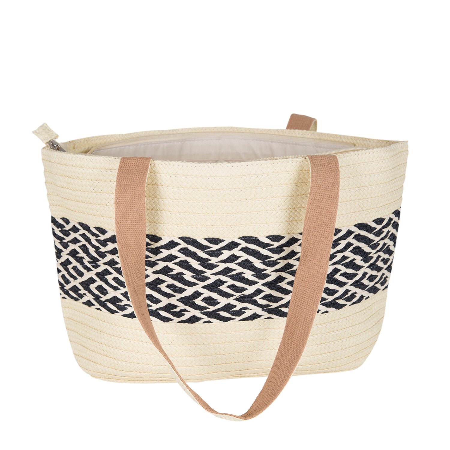 Plaj Çantası, Hasır Örme Desenli, Krem Renk - Omuz Askılı Siyah, Kumaş İçli, 48 x 29 cm