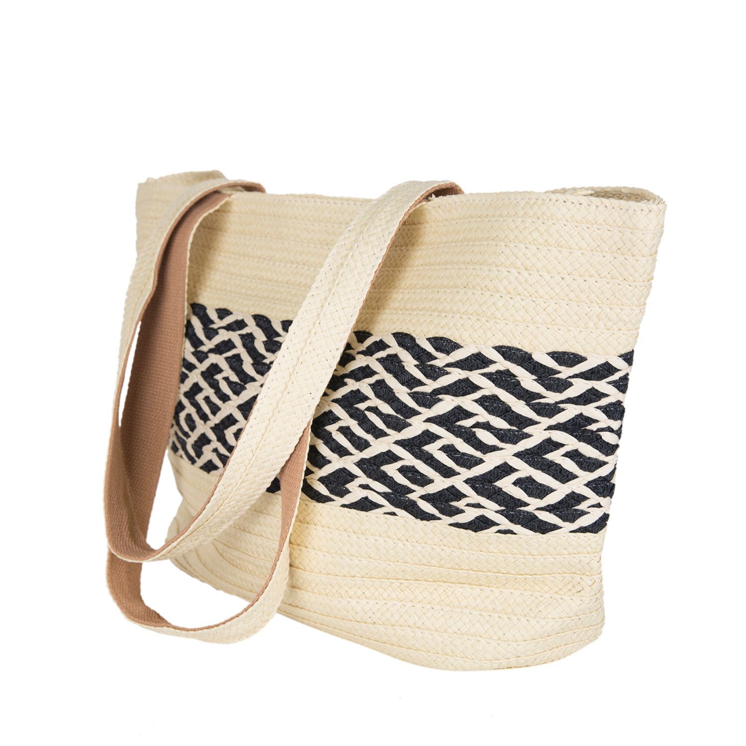 Plaj Çantası, Hasır Örme Desenli, Krem Renk - Omuz Askılı Siyah, Kumaş İçli, 48 x 29 cm