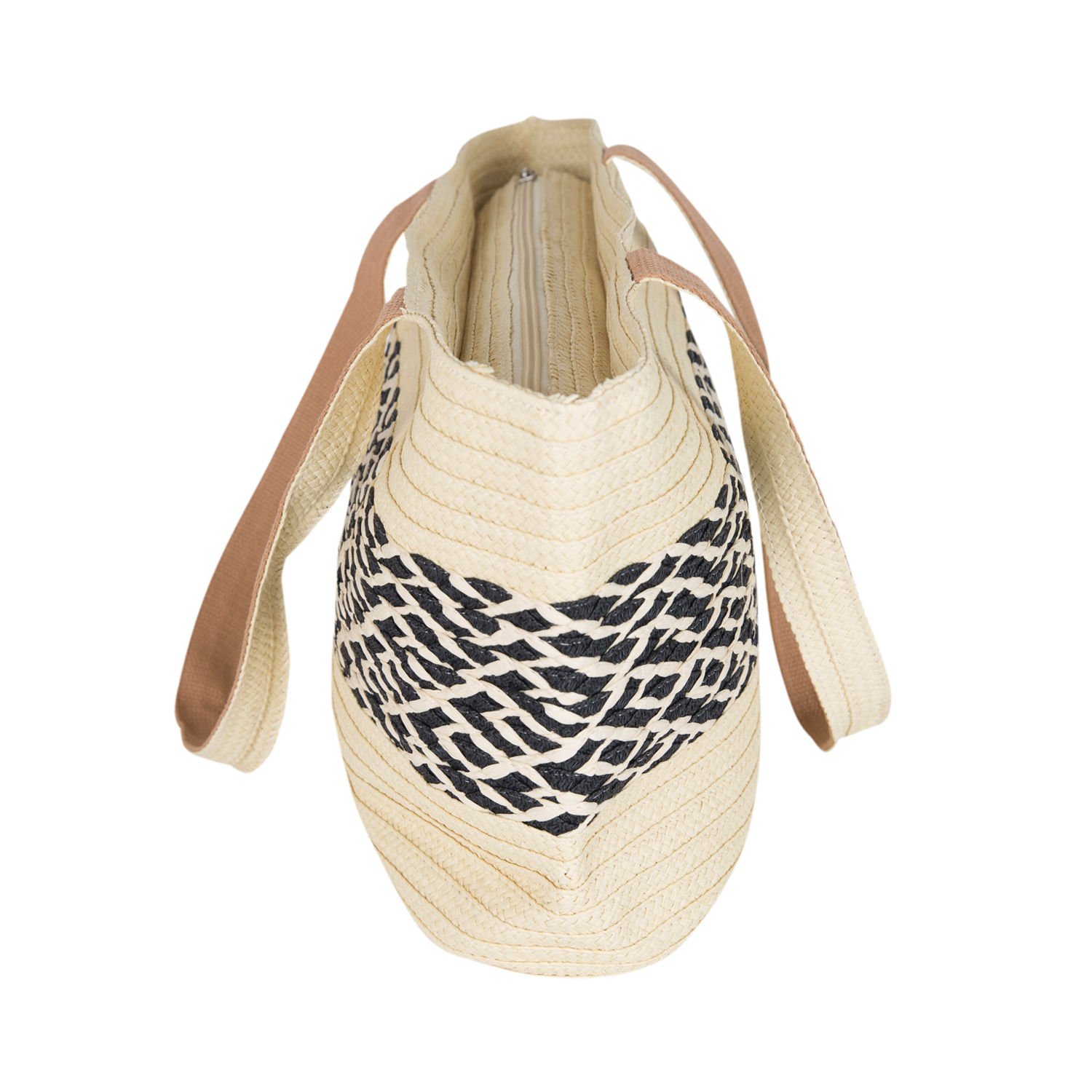 Plaj Çantası, Hasır Örme Desenli, Krem Renk - Omuz Askılı Siyah, Kumaş İçli, 48 x 29 cm