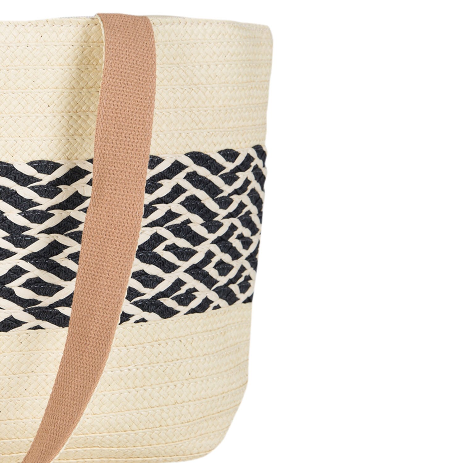 Plaj Çantası, Hasır Örme Desenli, Krem Renk - Omuz Askılı Siyah, Kumaş İçli, 48 x 29 cm