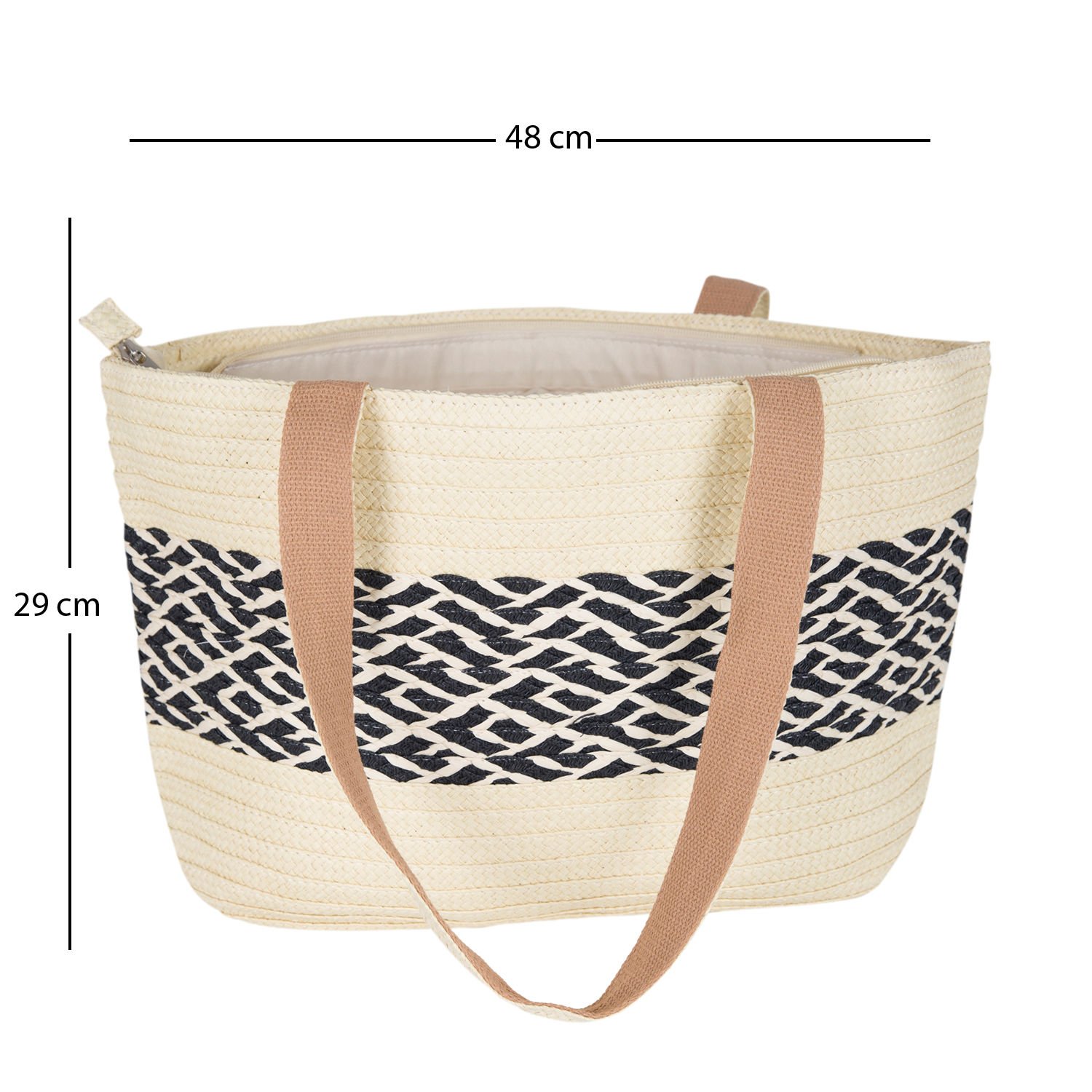 Plaj Çantası, Hasır Örme Desenli, Krem Renk - Omuz Askılı Siyah, Kumaş İçli, 48 x 29 cm