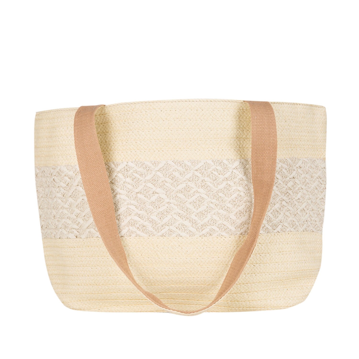 Plaj Çantası, Hasır Örme Desenli, Krem Renk - Omuz Askılı Krem, Kumaş İçli, 48 x 29 cm