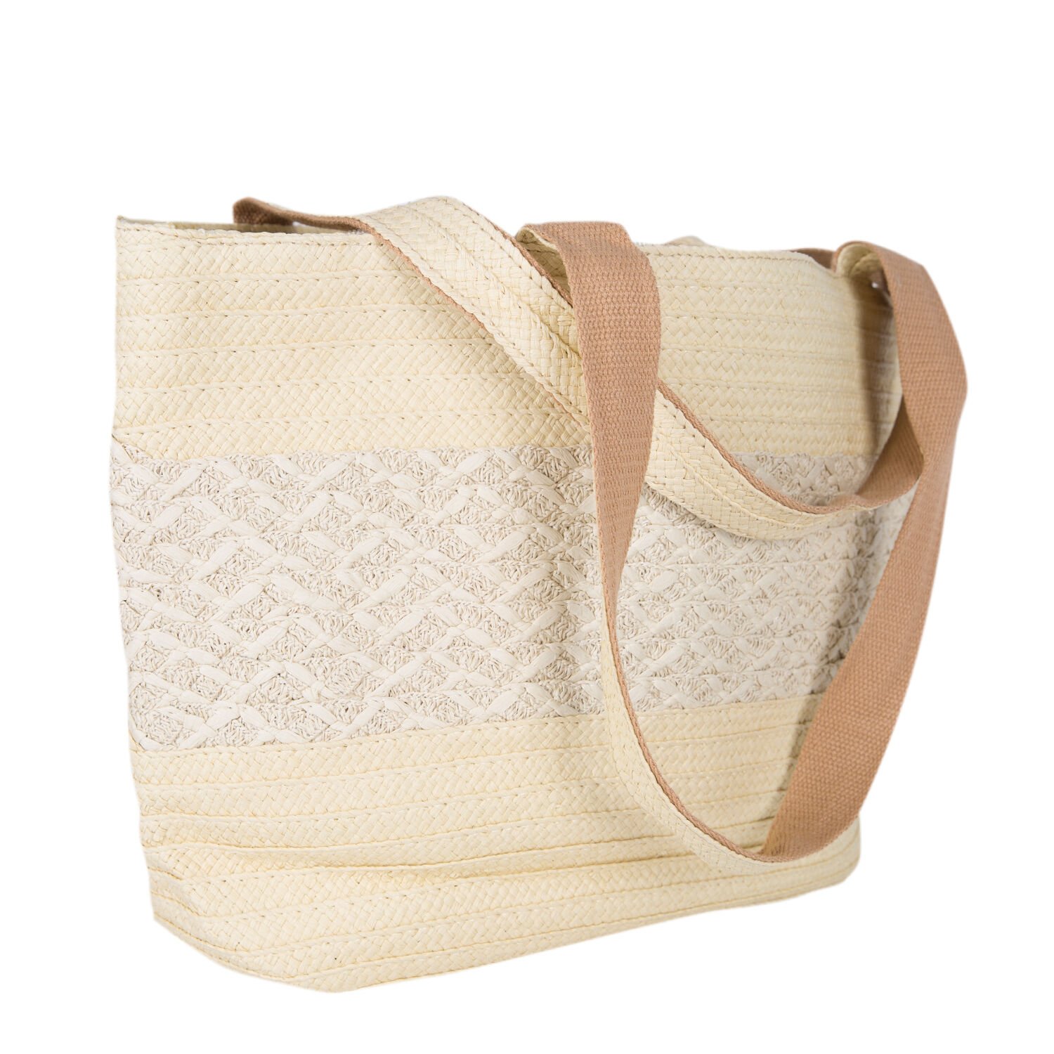 Plaj Çantası, Hasır Örme Desenli, Krem Renk - Omuz Askılı Krem, Kumaş İçli, 48 x 29 cm