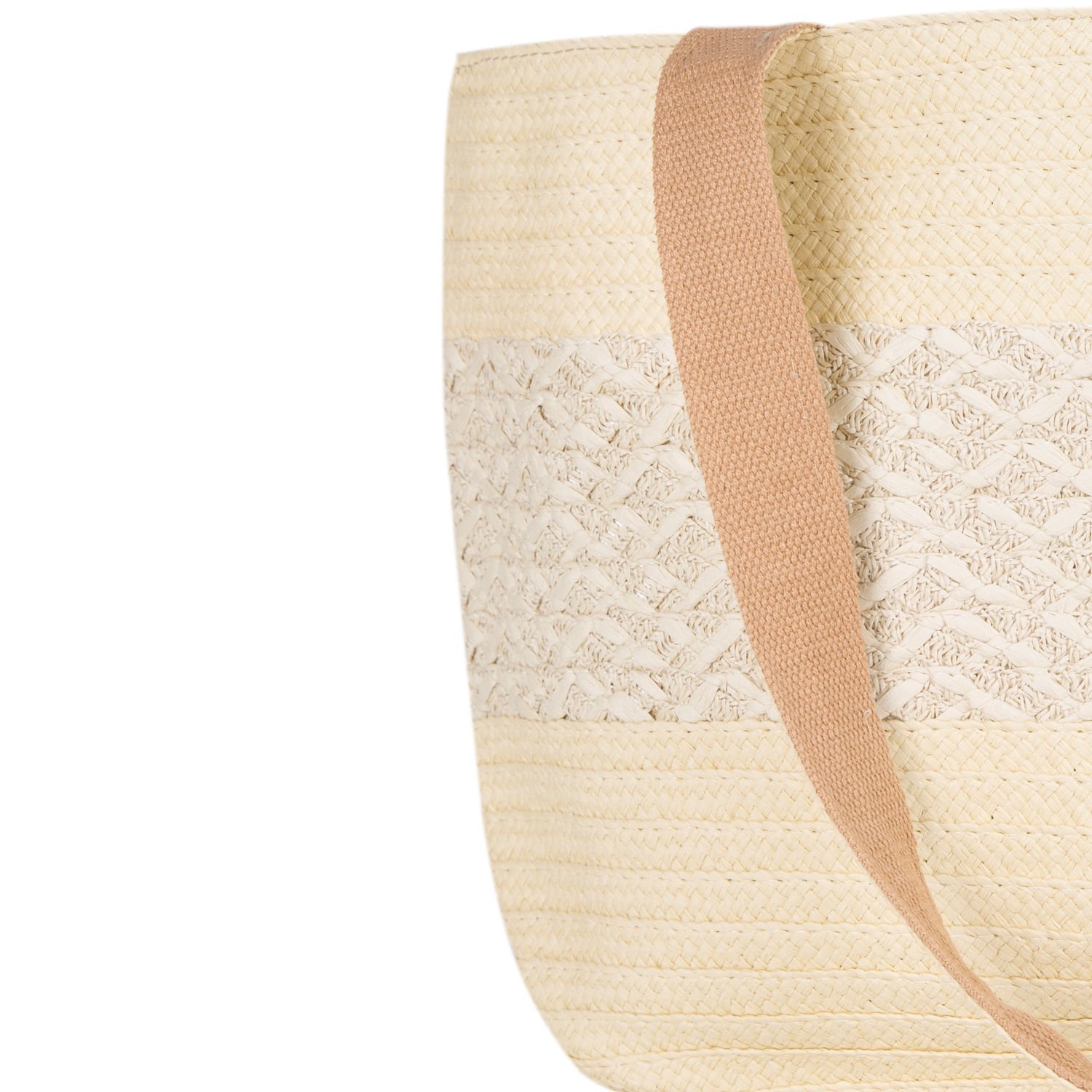 Plaj Çantası, Hasır Örme Desenli, Krem Renk - Omuz Askılı Krem, Kumaş İçli, 48 x 29 cm