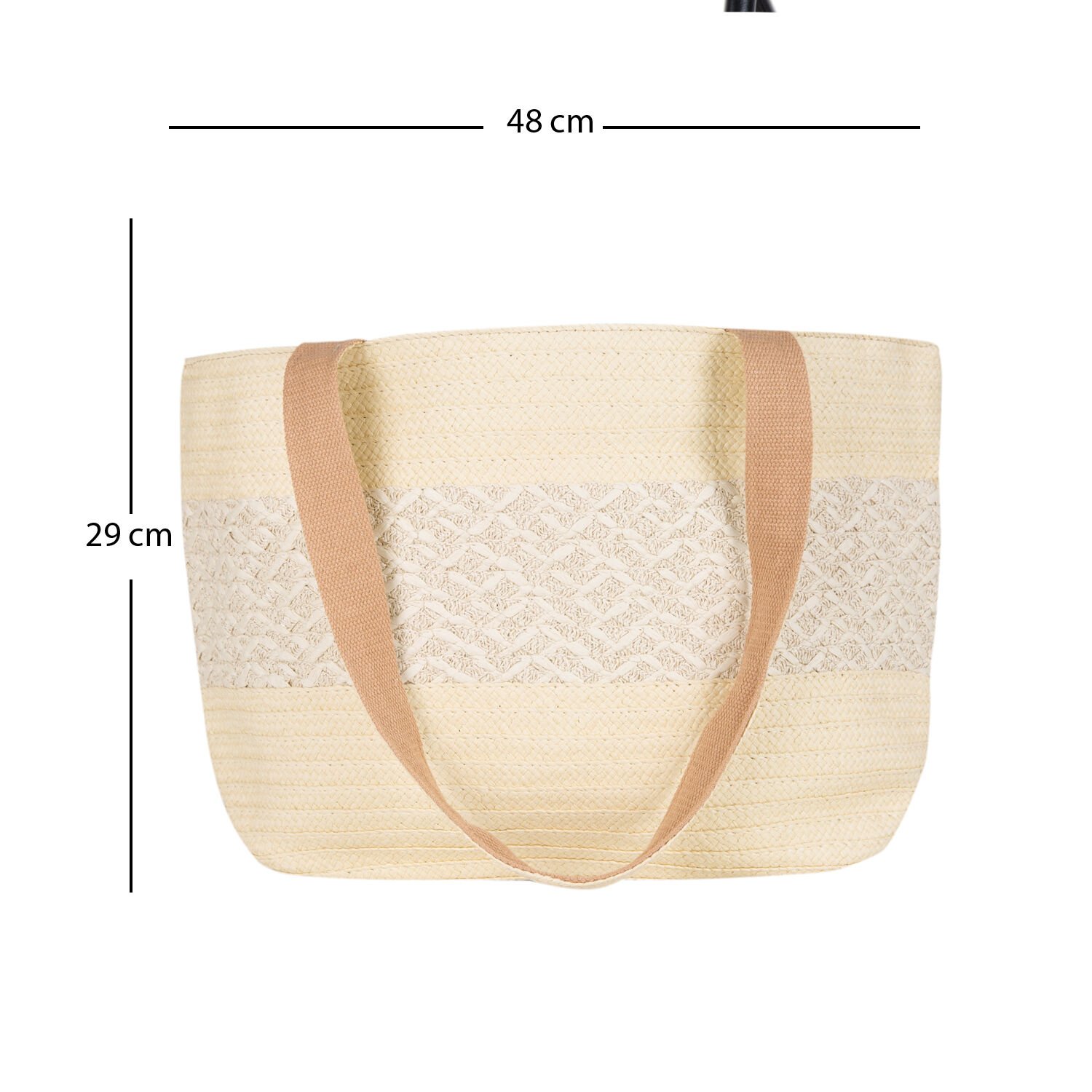 Plaj Çantası, Hasır Örme Desenli, Krem Renk - Omuz Askılı Krem, Kumaş İçli, 48 x 29 cm