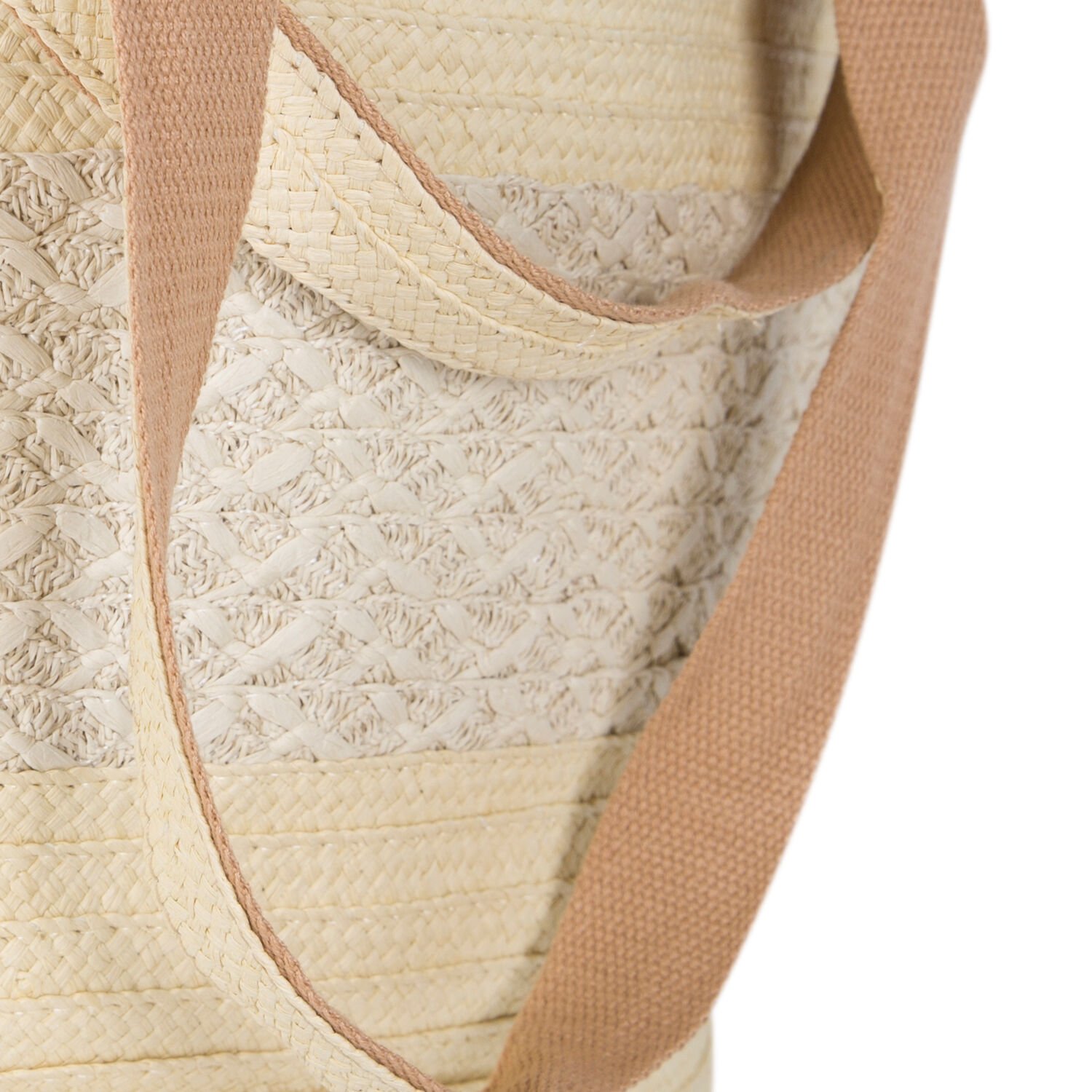 Plaj Çantası, Hasır Örme Desenli, Krem Renk - Omuz Askılı Krem, Kumaş İçli, 48 x 29 cm