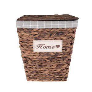 Dikdörtgen Home Kapaklı Hasır Çamaşır Sepeti (Gri Kare Kumaş İçli) Kahverengi 45 X 53 X 35 Cm
