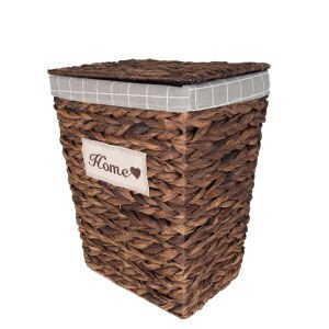 Dikdörtgen Home Kapaklı Hasır Çamaşır Sepeti (Gri Kare Kumaş İçli) Kahverengi 45 X 53 X 35 Cm