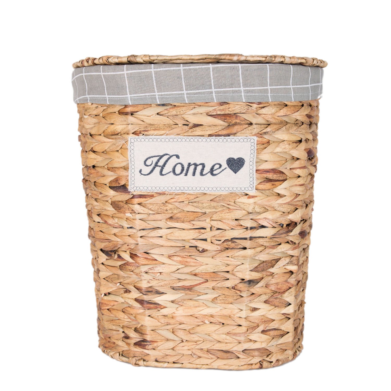 Oval Home Kapaklı Hasır Çamaşır Sepeti (Gri Kare Kumaş İçli) Natural 42 X 48 X 30 Cm