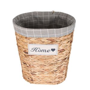 Oval Home Kapaklı Hasır Çamaşır Sepeti (Gri Kare Kumaş İçli) Natural 42 X 48 X 30 Cm