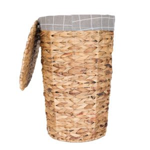 Oval Home Kapaklı Hasır Çamaşır Sepeti (Gri Kare Kumaş İçli) Natural 42 X 48 X 30 Cm