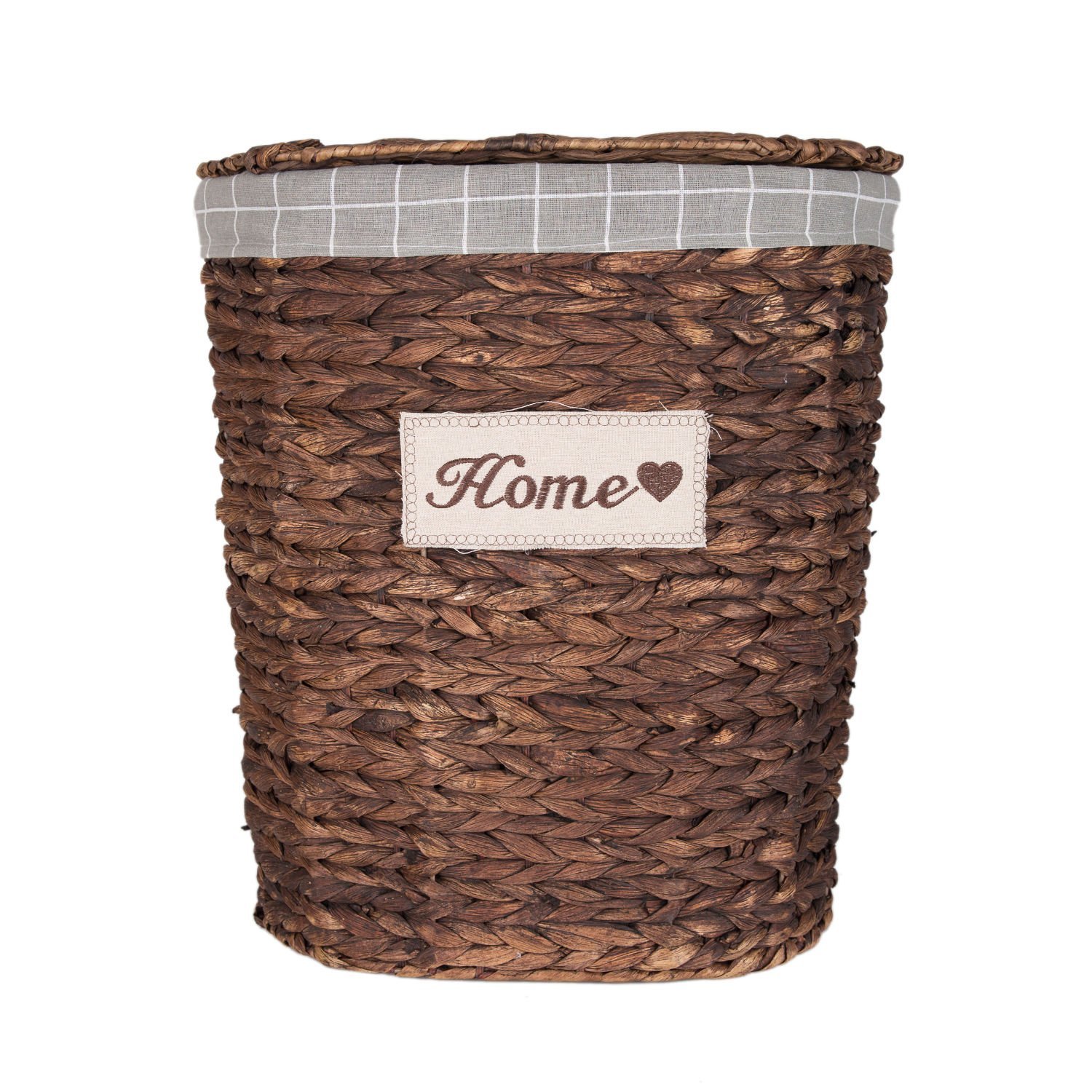 Oval Home Kapaklı Hasır Çamaşır Sepeti (Gri Kare Kumaş İçli) Kahverengi 48 X 53 X 35 Cm
