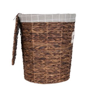 Oval Home Kapaklı Hasır Çamaşır Sepeti (Gri Kare Kumaş İçli) Kahverengi 48 X 53 X 35 Cm