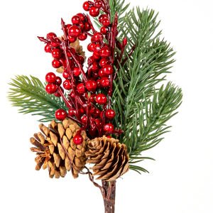 Yılbaşı Çiçeği Pike Berry Kozalak Dekorlu Kırmızı-Yeşil 29 Cm.