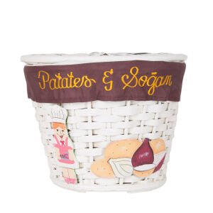 Kapaklı Bambu Patates Soğan Sepeti (Kumaş İçli)  Bayan Şef Figürlü Koyu Kahve Kuşaklı Beyaz 32 X 25 Cm