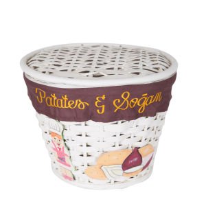 Kapaklı Bambu Patates Soğan Sepeti (Kumaş İçli)  Bayan Şef Figürlü Koyu Kahve Kuşaklı Beyaz 32 X 25 Cm