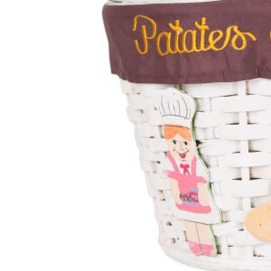 Kapaklı Bambu Patates Soğan Sepeti (Kumaş İçli)  Bayan Şef Figürlü Koyu Kahve Kuşaklı Beyaz 32 X 25 Cm