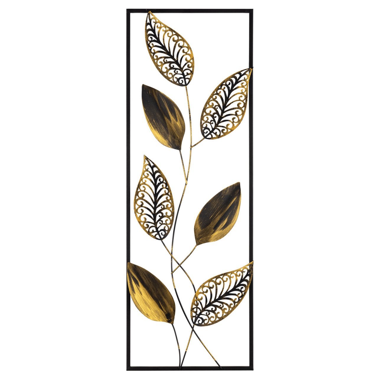 Dikdörtgen Yaprak Desenli Metal Eskitme Dore Duvar Panosu 32x90 Cm