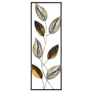 Dikdörtgen Yaprak Desenli Metal Eskitme Dore Duvar Panosu 32x90 Cm