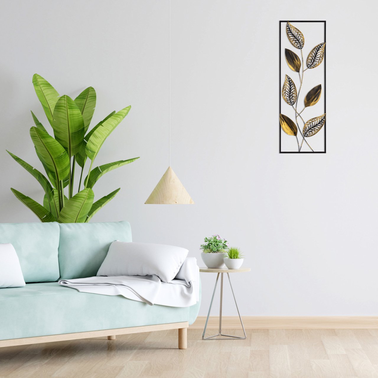 Dikdörtgen Yaprak Desenli Metal Eskitme Dore Duvar Panosu 32x90 Cm