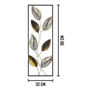 Dikdörtgen Yaprak Desenli Metal Eskitme Dore Duvar Panosu 32x90 Cm