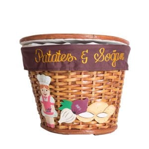 Kapaklı Bambu Patates Soğan Sepeti (Kumaş İçli) Bayan Şef Figürlü Koyu Kahve Kuşaklı Kahverengi 28 X 23 Cm