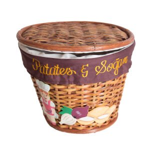 Kapaklı Bambu Patates Soğan Sepeti (Kumaş İçli) Bayan Şef Figürlü Koyu Kahve Kuşaklı Kahverengi 28 X 23 Cm