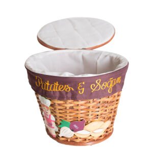 Kapaklı Bambu Patates Soğan Sepeti (Kumaş İçli) Bayan Şef Figürlü Koyu Kahve Kuşaklı Kahverengi 28 X 23 Cm