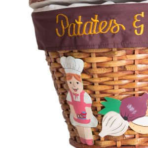 Kapaklı Bambu Patates Soğan Sepeti (Kumaş İçli) Bayan Şef Figürlü Koyu Kahve Kuşaklı Kahverengi 28 X 23 Cm