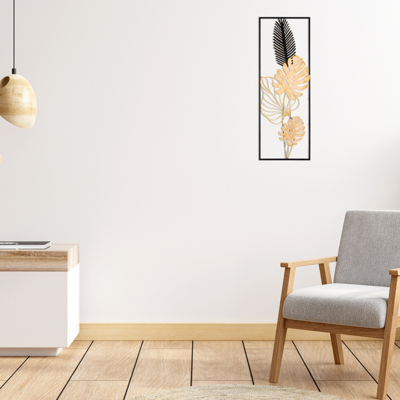 Dikdörtgen Yaprak Desenli Metal Eskitme Dore/siyah Duvar Panosu 32x90 Cm