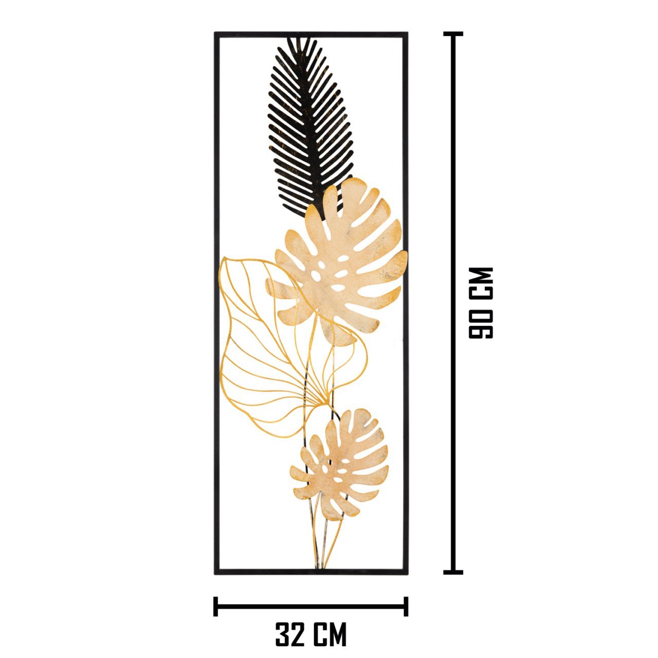 Dikdörtgen Yaprak Desenli Metal Eskitme Dore/siyah Duvar Panosu 32x90 Cm