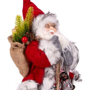 Yılbaşı Noel Baba Hediye Çuvallı Fenerli Gri Pantolonlu Kırmızı-Gri 30 Cm.