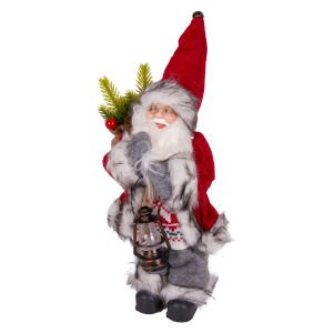 Yılbaşı Noel Baba Hediye Çuvallı Fenerli Gri Pantolonlu Kırmızı-Gri 30 Cm.