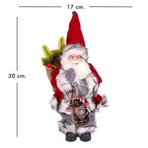 Yılbaşı Noel Baba Hediye Çuvallı Fenerli Gri Pantolonlu Kırmızı-Gri 30 Cm.
