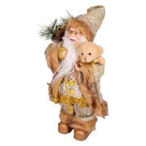 Yılbaşı Noel Baba Hediye Çuvallı Pelüş Ayı Dekorlu Gold 30 Cm.