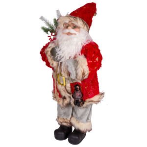 Yılbaşı Noel Baba Gold Hediye Çuvallı Yeşil Pantalonlu Fenerli Kırmızı-Yeşil 45 Cm.