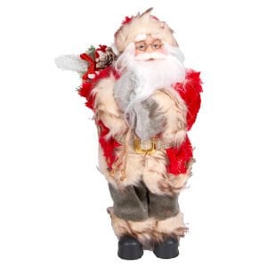 Yılbaşı Noel Baba, Gold Hediye Çuvallı, Yeşil Pantolonlu, Fenerli, Kırmızı-Yeşil - 30 cm