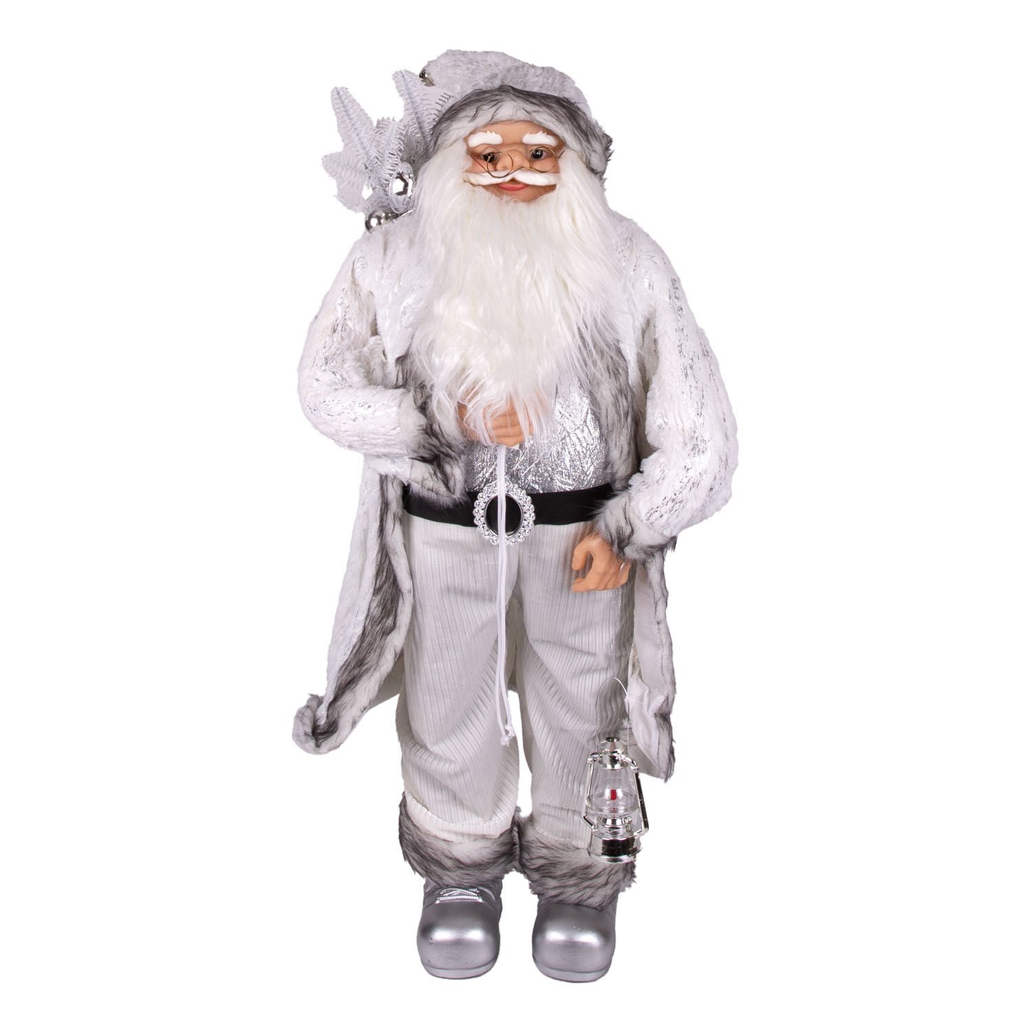 Yılbaşı Noel Baba Beyaz Hediye Çuvallı Fenerli Gümüş-Gri 90 Cm.
