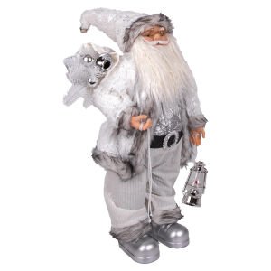 Yılbaşı Noel Baba Beyaz Hediye Çuvallı Fenerli Gümüş-Gri 60 Cm.