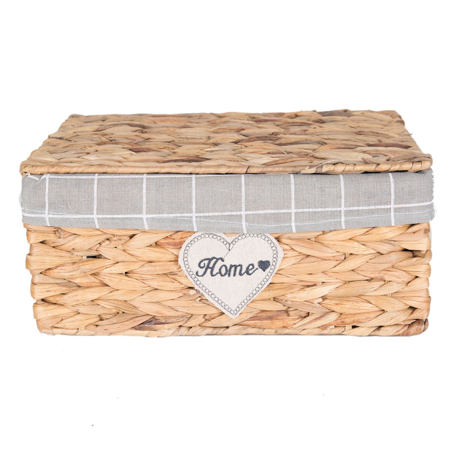 Dikdörtgen Home Kapaklı Hasır Sepet (Gri Kare Kumaş İçli) Natural 36 X 16 X 25 Cm