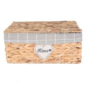 Dikdörtgen Home Kapaklı Hasır Sepet (Gri Kare Kumaş İçli) Natural 36 X 16 X 25 Cm