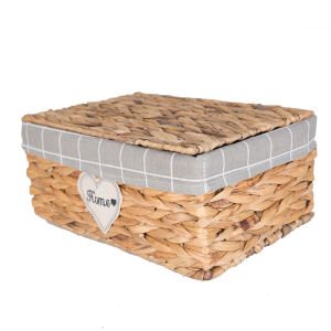 Dikdörtgen Home Kapaklı Hasır Sepet (Gri Kare Kumaş İçli) Natural 36 X 16 X 25 Cm