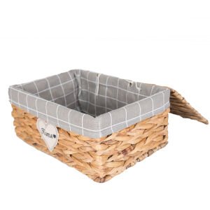 Dikdörtgen Home Kapaklı Hasır Sepet (Gri Kare Kumaş İçli) Natural 36 X 16 X 25 Cm